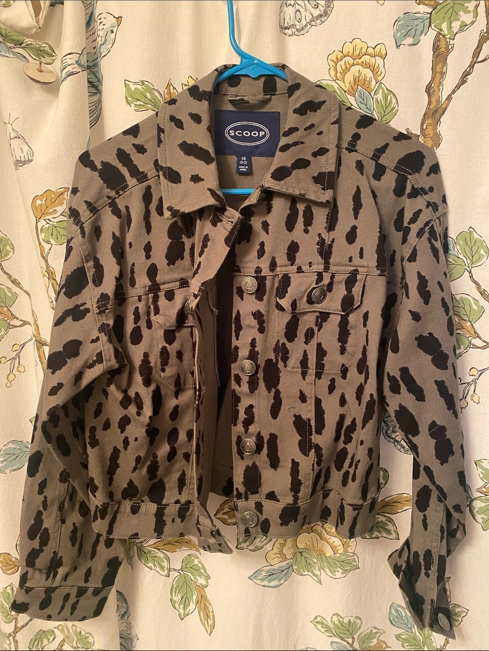 Scoop NYC Taupe Denim Jacket with Black Spot Print